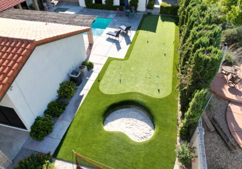 A view of an aerial shot of a backyard.