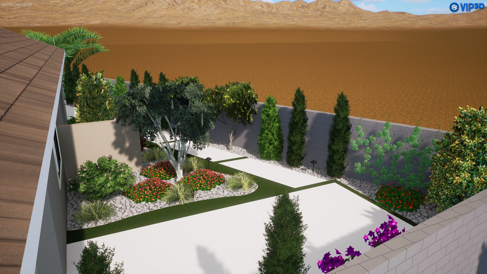 A computer generated image of a garden with trees and shrubs.