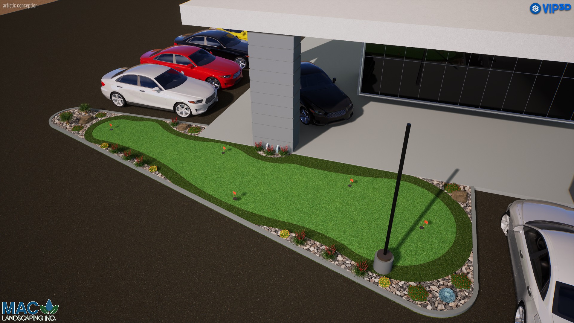 A rendering of the outside of a building with cars parked in it.