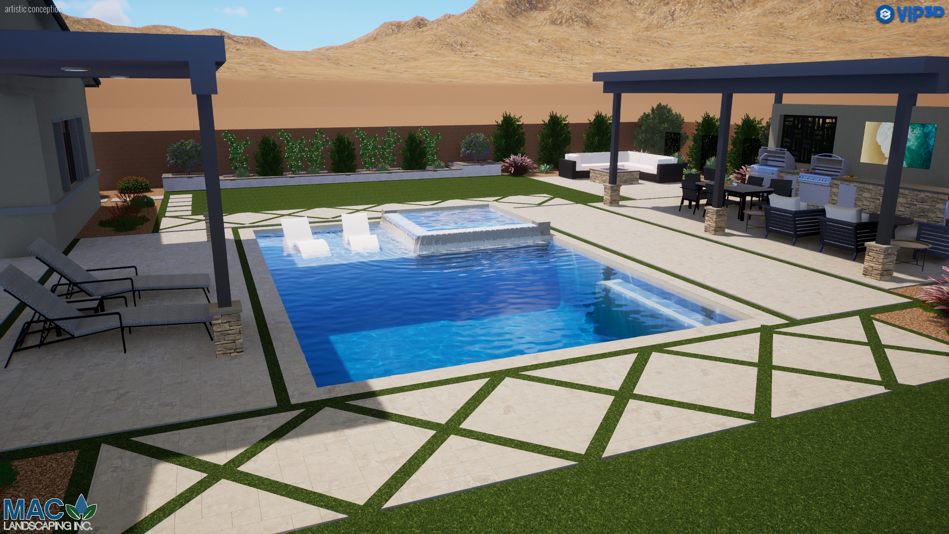 A pool with a spa and a gazebo in the background.