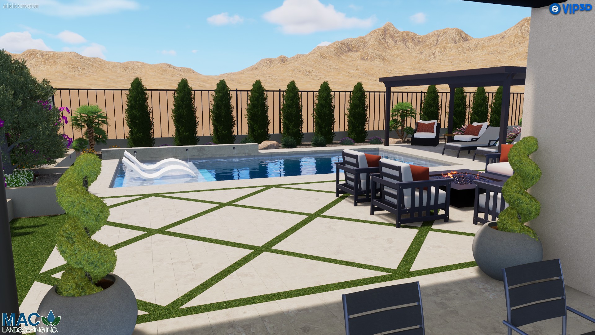 A pool with an outdoor furniture set and a grill.
